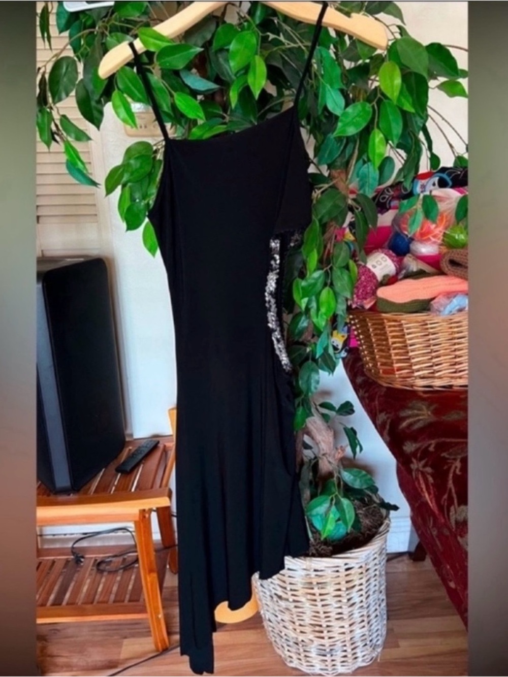 Unyx Vintage Black Asymmetrical Slip Dress with Sequin Side Detail